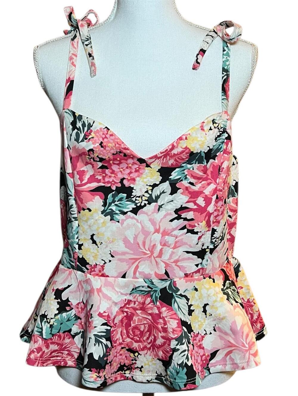 Meraki Floral Peplum Top XL Pink Yellow Smocked Back Tie Shoulder Cottagecore